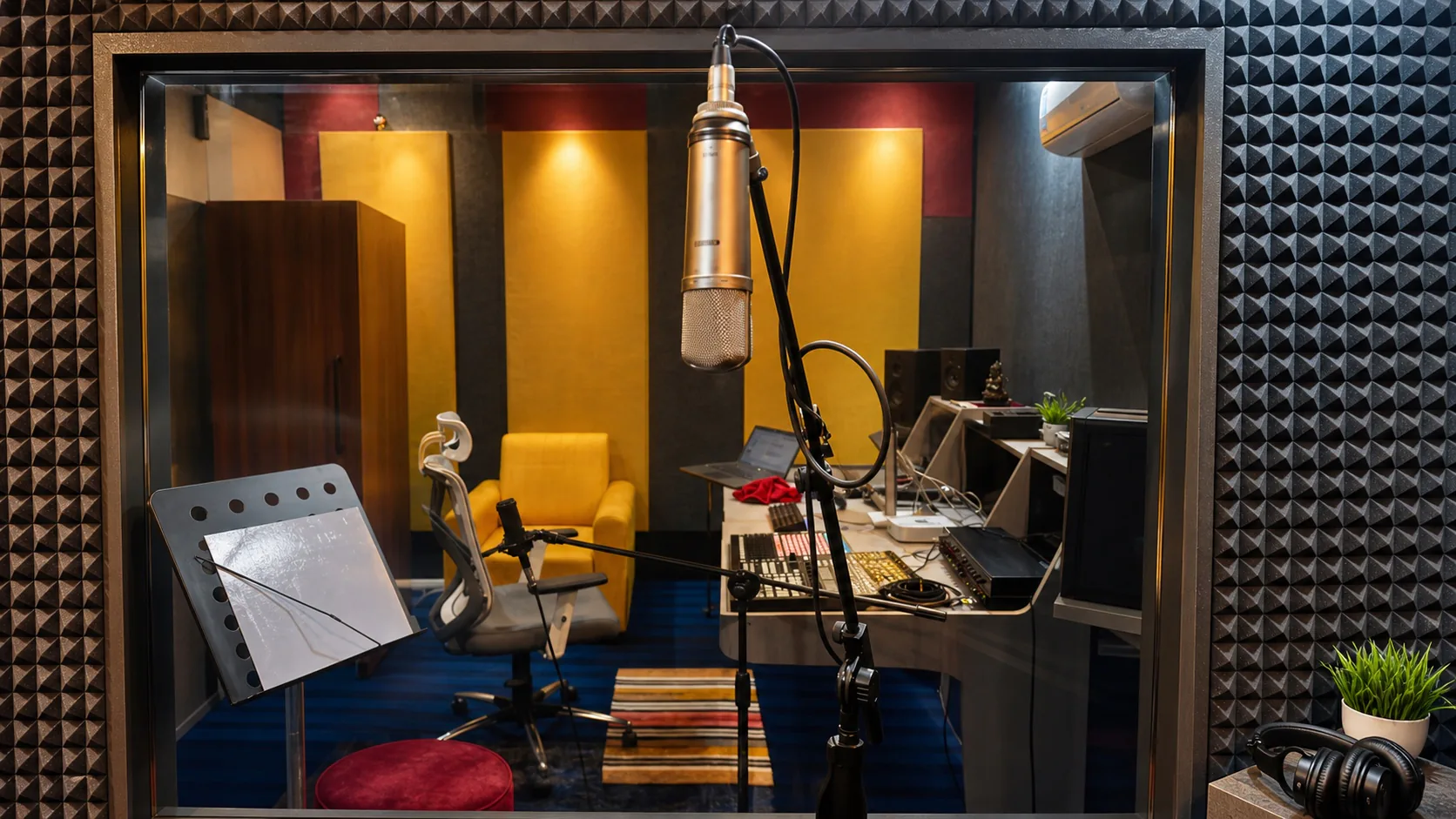 Enhanced landscape view through the treated booth window with condenser microphone and production equipment