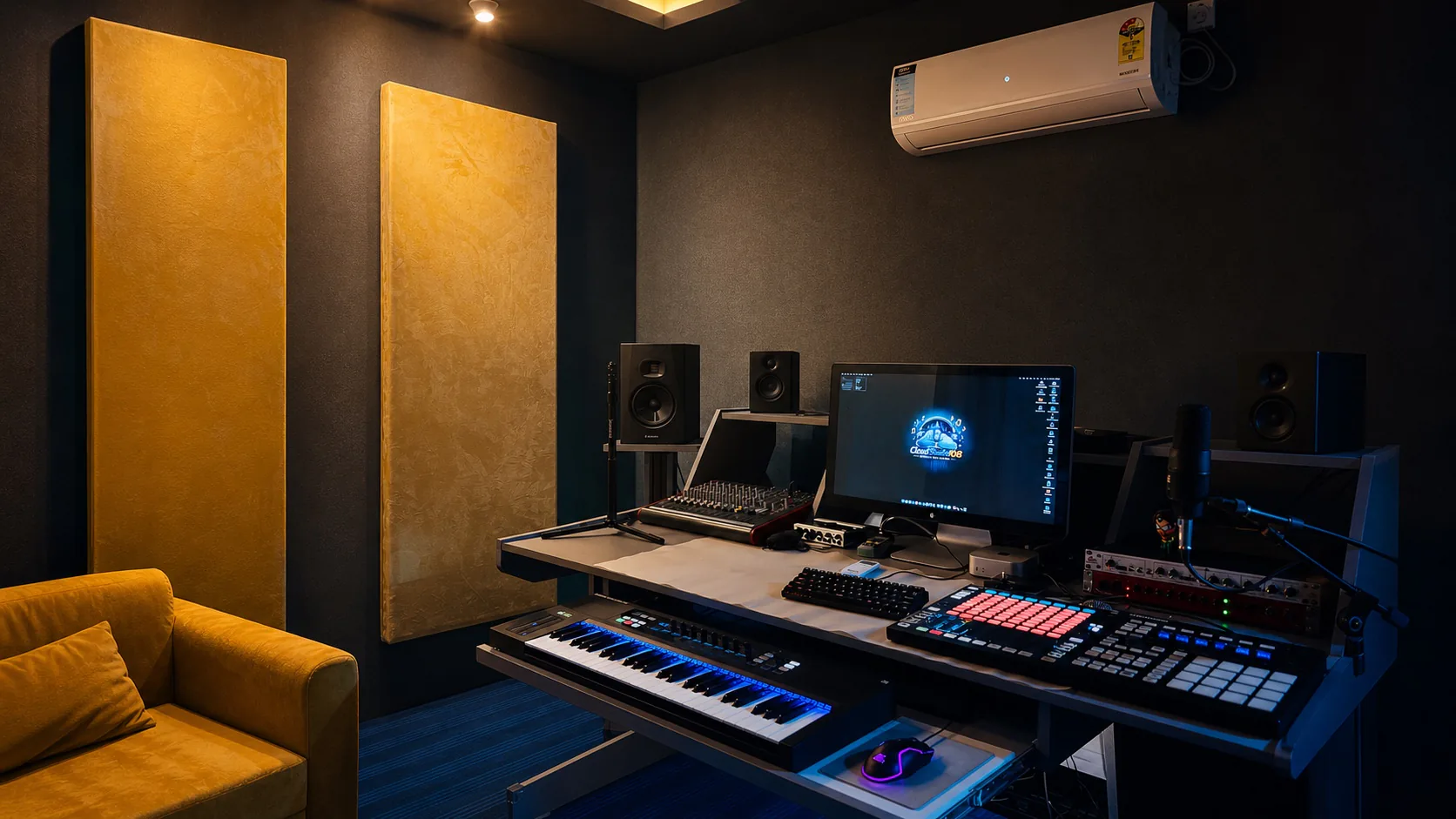 Enhanced landscape view of the CloudStudio108 console, keyboard, monitor, speakers, and production controllers