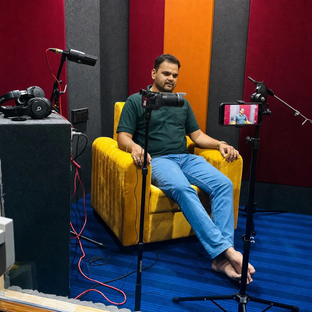 Client seated comfortably in the CloudStudio108 recording room during a filmed session