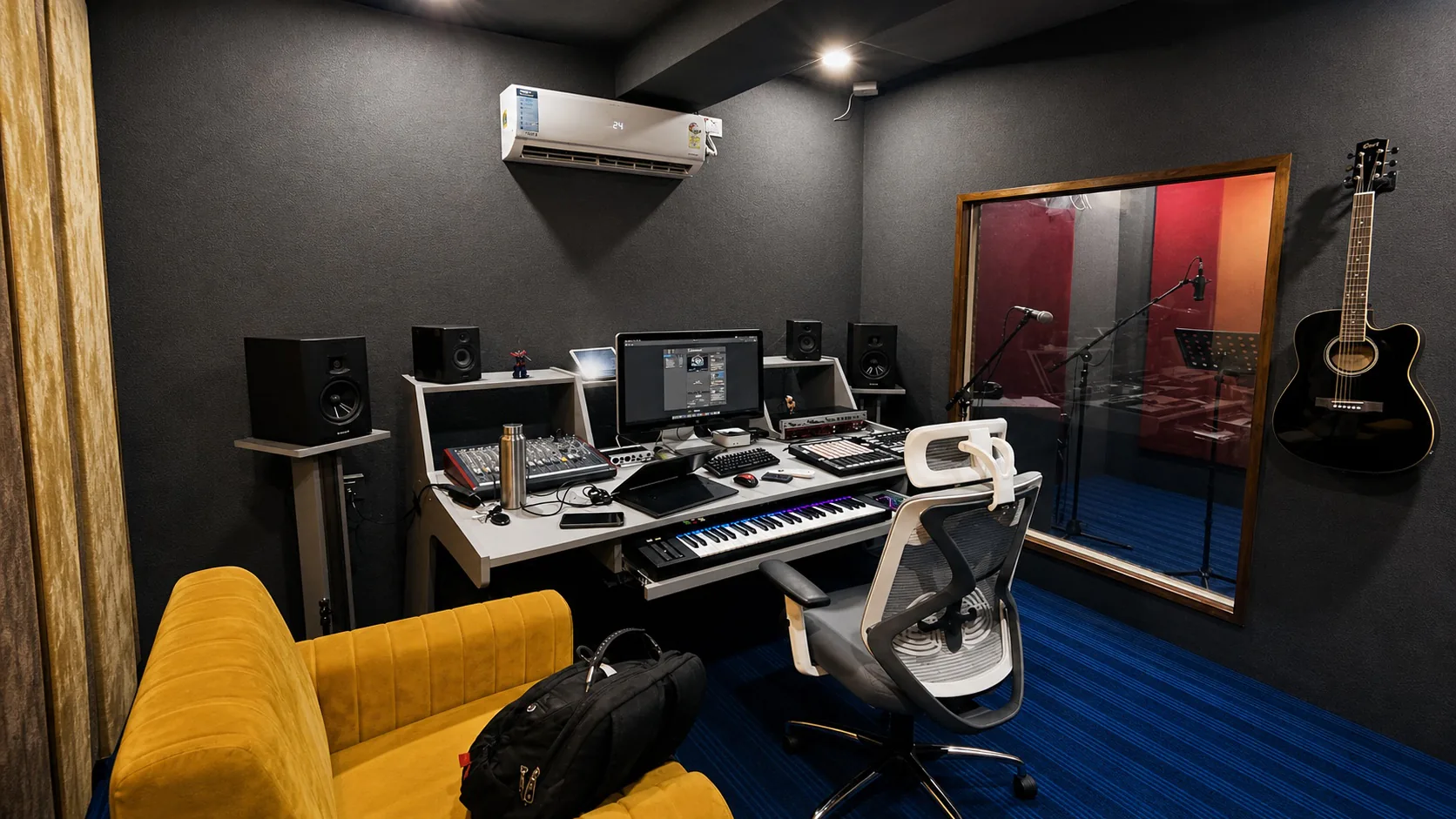 Enhanced CloudStudio108 control room with studio monitors, mixing console, keyboard, and vocal booth